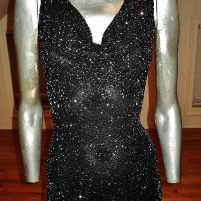 Vintage onyx all beaded French silk bias gown plunge front bodice 