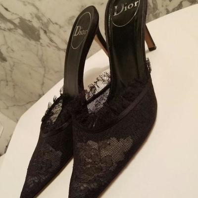 Christian Dior runway mules leather Chantilly lace heel amazing