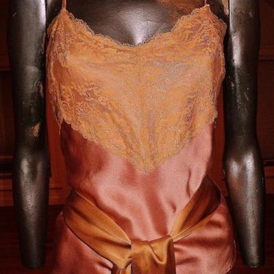 Vintage silk peignoir set coat pant camisole/antique lace sash belt