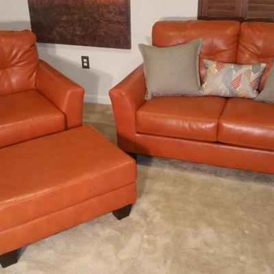 3 pc Soft Leather Loveseat, Chair, and Ottoman
