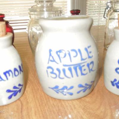Lot of Colorful Small Covered Glass Jars and Pottery Crocks