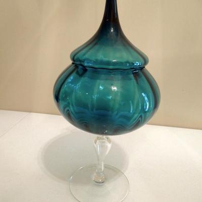 Large Blue Onion Shaped Glass Pedestal Compote