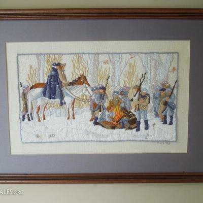 Framed Crewel Embroidery Revolutionary War Winter Scene