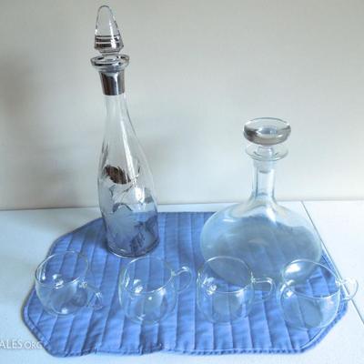 2 Decanters and 8 Blown Punch Cups