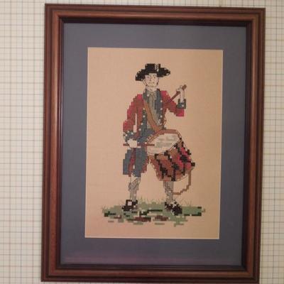 Framed and Matted Cross Stitch of Red Coat Drummer #1