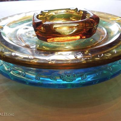 3 Colored Glass Ashtrays with Pipe Stand, etc.