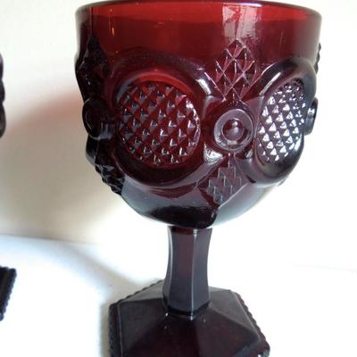 4 Cranberry Pressed Glass Goblets and Dessert Plates