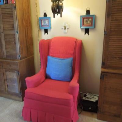 Red Upholstered Wing Back Sitting Chair #1