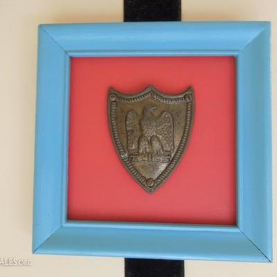 Pair of Identical Framed Metal Emblems on Hanging Ribbon