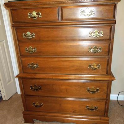 Chestnut Early American Highboy 5 Drawer Dresser 