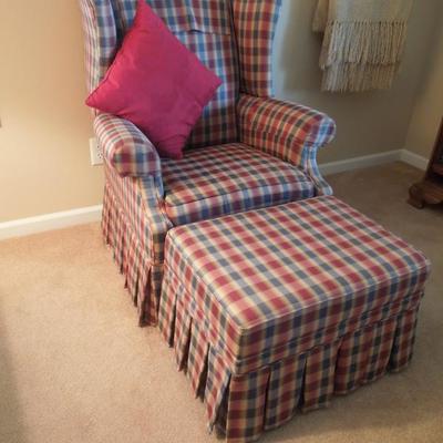 Wonderful Vintage Plaid Wing Back Armchair with Ottoman