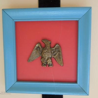 Pair of Identical Framed Metal Emblems on Hanging Ribbon