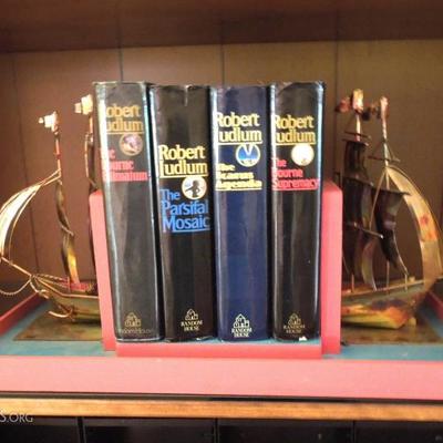 Custom Made Copper Ship Bookend Shelf and 4 Ludlum Novels