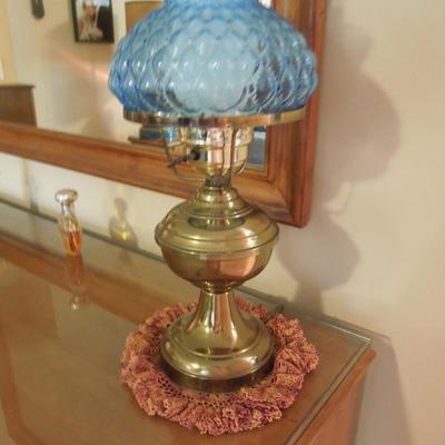 Brass Lantern Base Electric Lamp with Quilted Glass Onion Shade