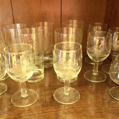 Set of 14 Nautical Etched Clear Glass Stemware