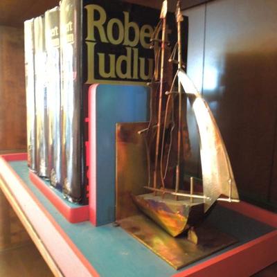 Custom Made Copper Ship Bookend Shelf and 4 Ludlum Novels
