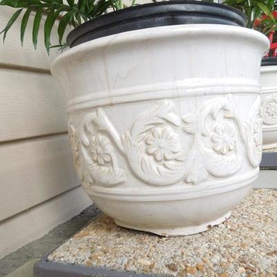2 White Pottery Planters on Framed Pebble Tiles w/ Palms