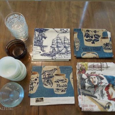 Large Lot of Ramekins and Linen Tea Towels