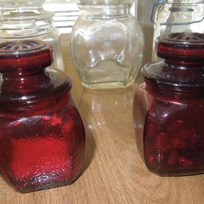 Lot of Colorful Small Covered Glass Jars and Pottery Crocks