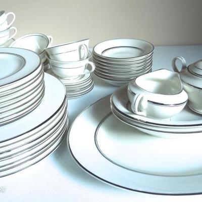 8 Place Setting Nancy Prentiss Formal China "Silver Sonnet" w/Serving Pieces