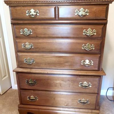 Chestnut Early American Highboy 5 Drawer Dresser 
