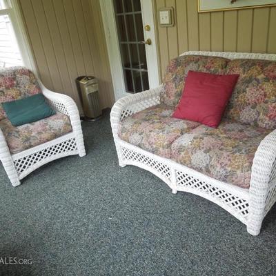 White Wicker Patio Love Seat , Chair and Coffee Table
