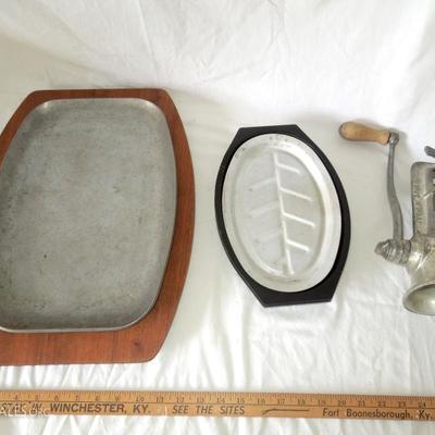 Hand Crank Meat Grinder and 2 Vintage Steak Platters