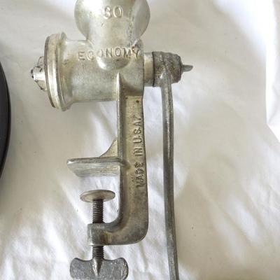 Hand Crank Meat Grinder and 2 Vintage Steak Platters