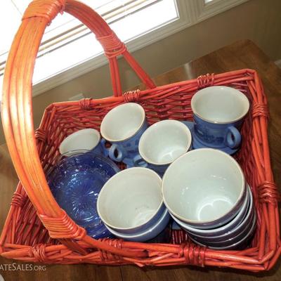 Lot of Currier & Ives Pieces, Blue Glass Bowls in Red Wicker Hand Basket