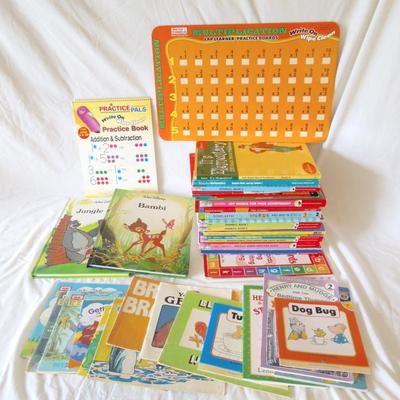 Lot of Early Childhood Education Learning Books and 2 Storage Bins
