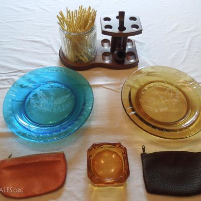 3 Colored Glass Ashtrays with Pipe Stand, etc.