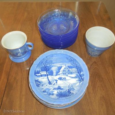 Lot of Currier & Ives Pieces, Blue Glass Bowls in Red Wicker Hand Basket
