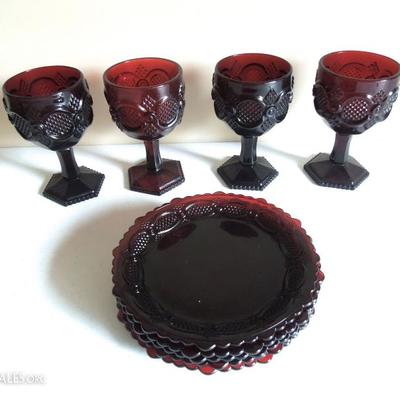 4 Cranberry Pressed Glass Goblets and Dessert Plates