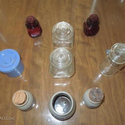 Lot of Colorful Small Covered Glass Jars and Pottery Crocks