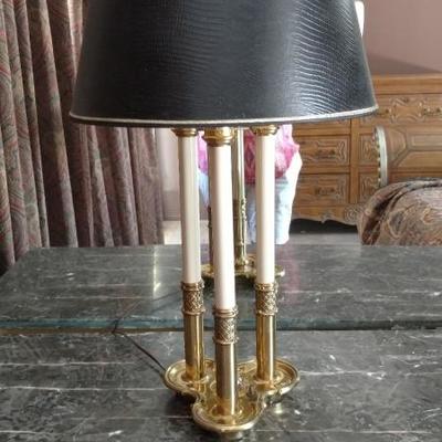 ●Pair of Brass and White Table Lamp with Black Textured Shade