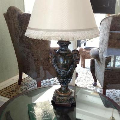 ●Mahogany Colored Wood and Metal Table Lamp with Fringed Shade