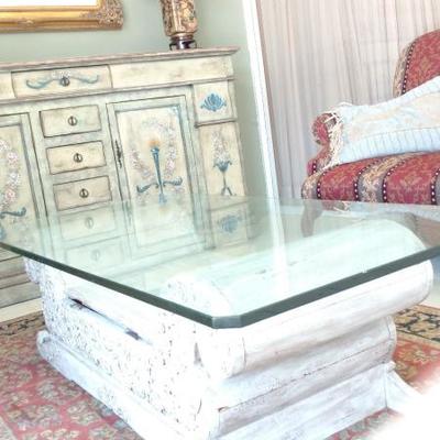 Glass Top Carved Wood Coffee Table 