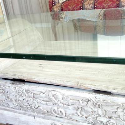 Glass Top Carved Wood Coffee Table 