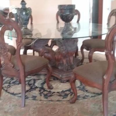 6' Glass Top, Carved Pedestal Dining Table with 6 Fabric Chair