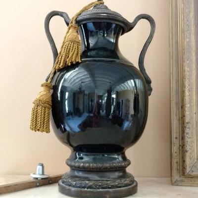 ●Pair of Black Ceramic and Metal Covered Urns/Jars