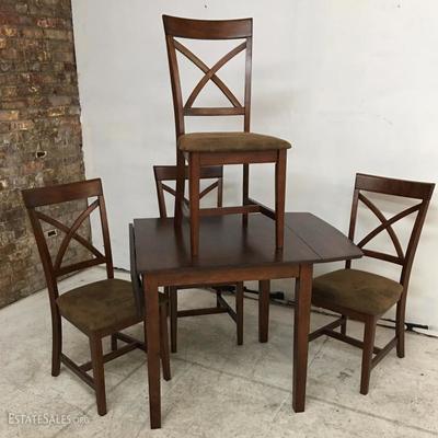 Table and 4 Chairs, Drop Leaf Mahogany Finish, Ultra Suede Seats.