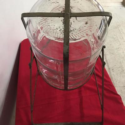 Antique Glass 5 Gallon Jar Jug w/ Metal Pour Stand. 