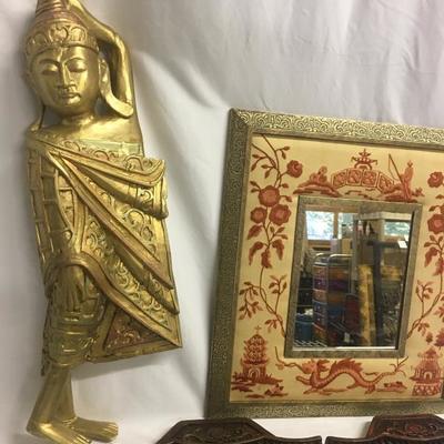 Lot 45 - Needlepoint Framed Mirror and Wood Art