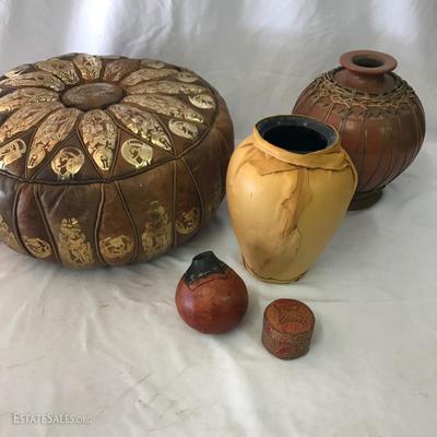 Lot 123 - Leather Pieces, Clay Pot and Artist Gourd