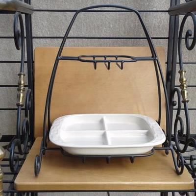 Longaberger Woven Traditions 4-section Relish Dish & w Wrought Iron Stand