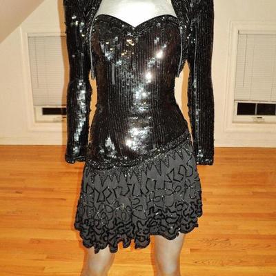 Vtg sequin beads ensemble mini fluid dress & bolero 100% silk