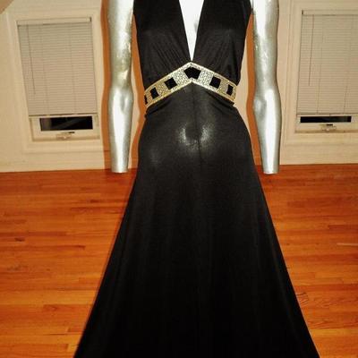 Vtg halter maxi gown Studio St. Croix gold and velvet empire sash