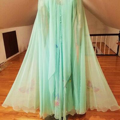 Vtg 1960's Chiffon maxi hand painted gown full opera shawl  fluid cover green/