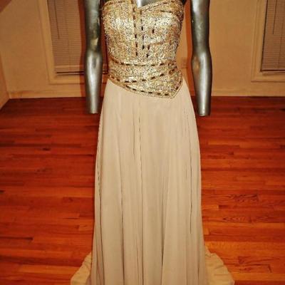 Vtg Terani Couture strapless gold embellished maxi trumpet pleted gown