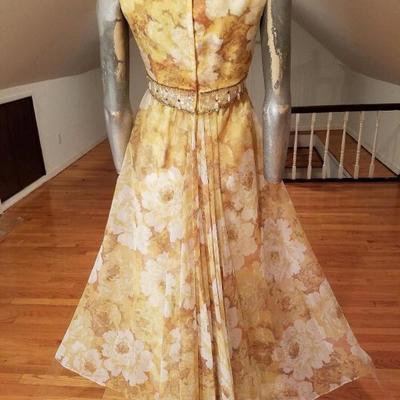 Vtg 1960's  empire embellished chiffon gown shirred 